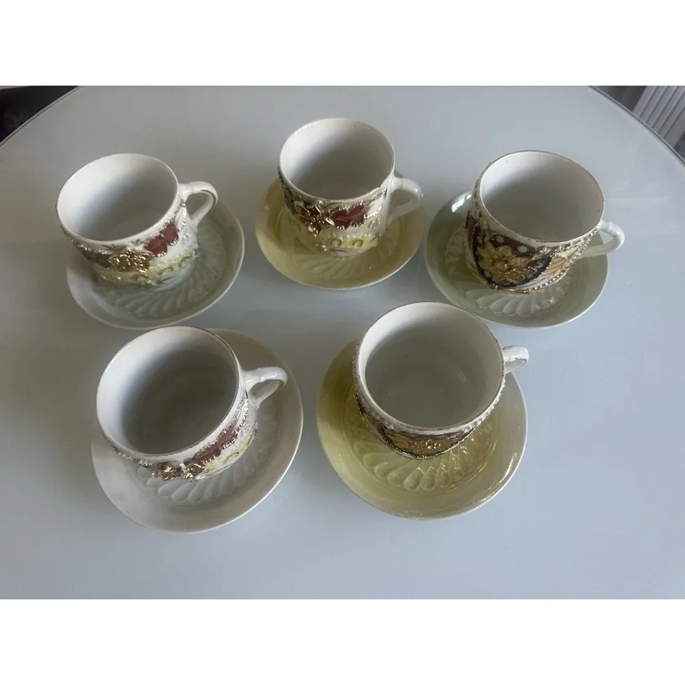 Unmarked Porcelain Floral Gold Trim 5 Cup & Saucer Sets Germany MPN 28